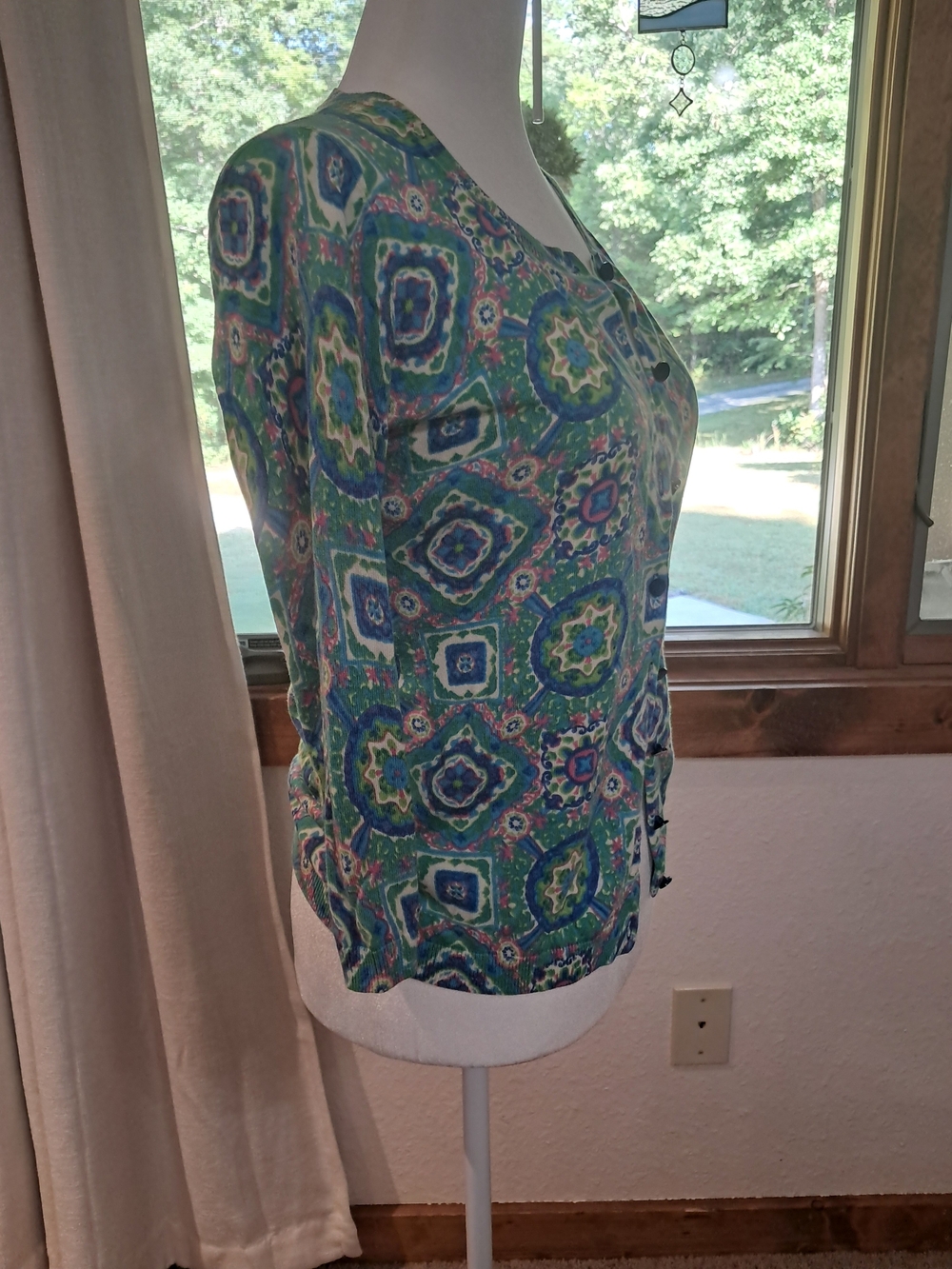 Talbots Green Multi-Pattern 3/4-Sleeve Cardigan In Size P - Picture 4 of 11